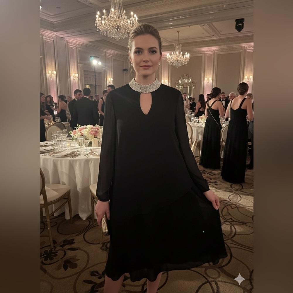 Elegant Black Long Sleeve Dress with Pearl Collar